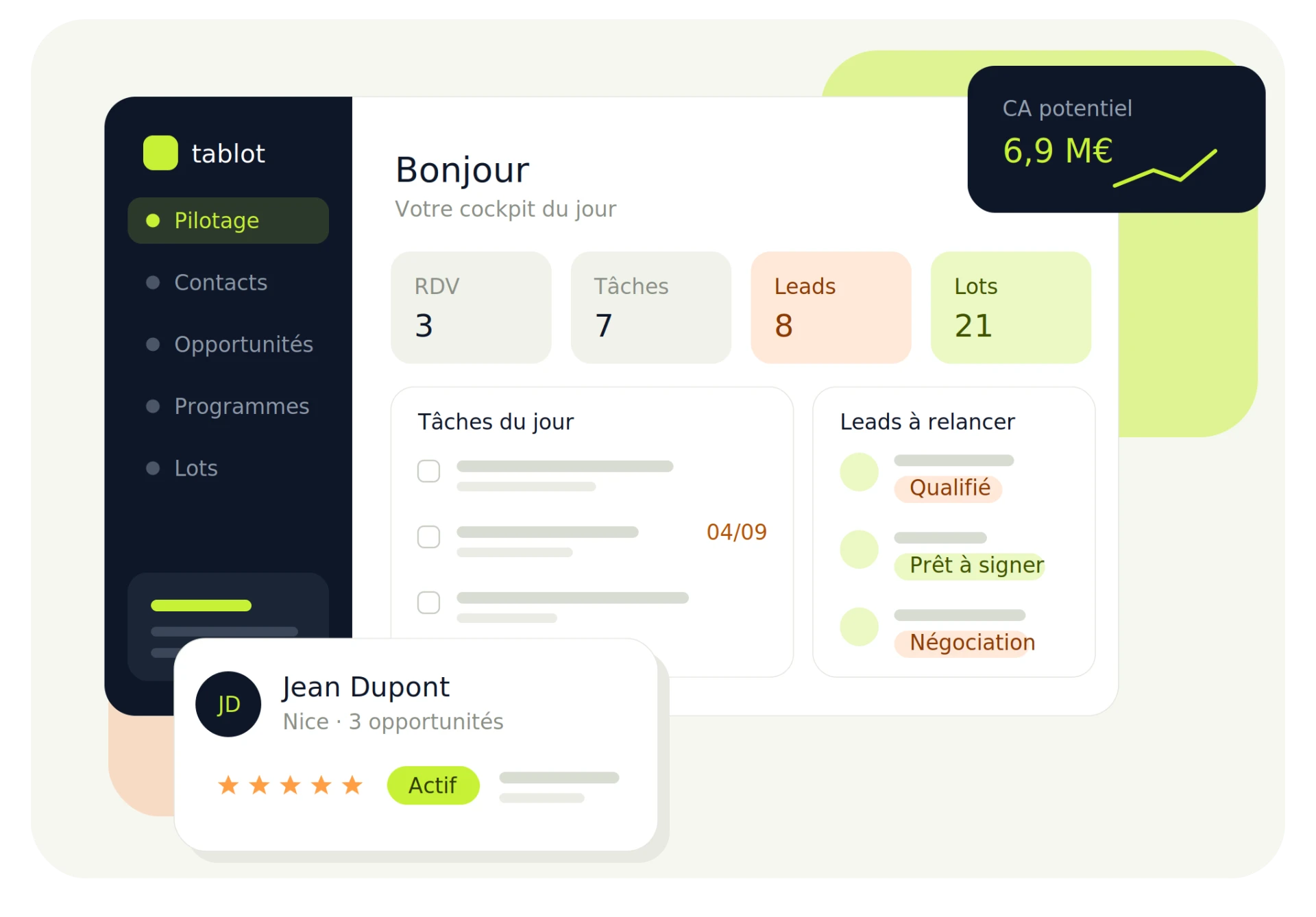 Tableau de bord tablot : réservations, disponibilité des lots et pipeline commercial