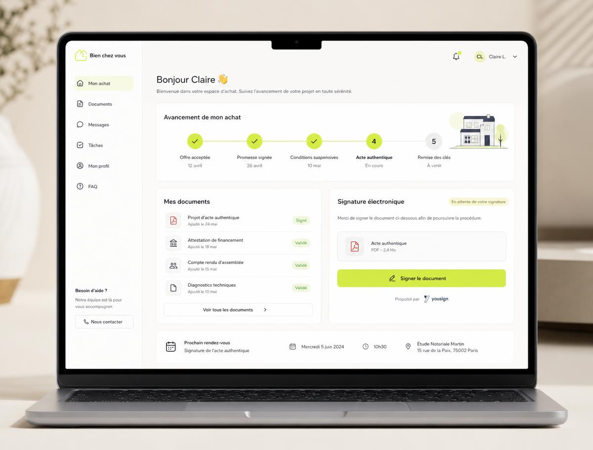 Espace acquéreur tablot : avancement du dossier, documents et signature électronique